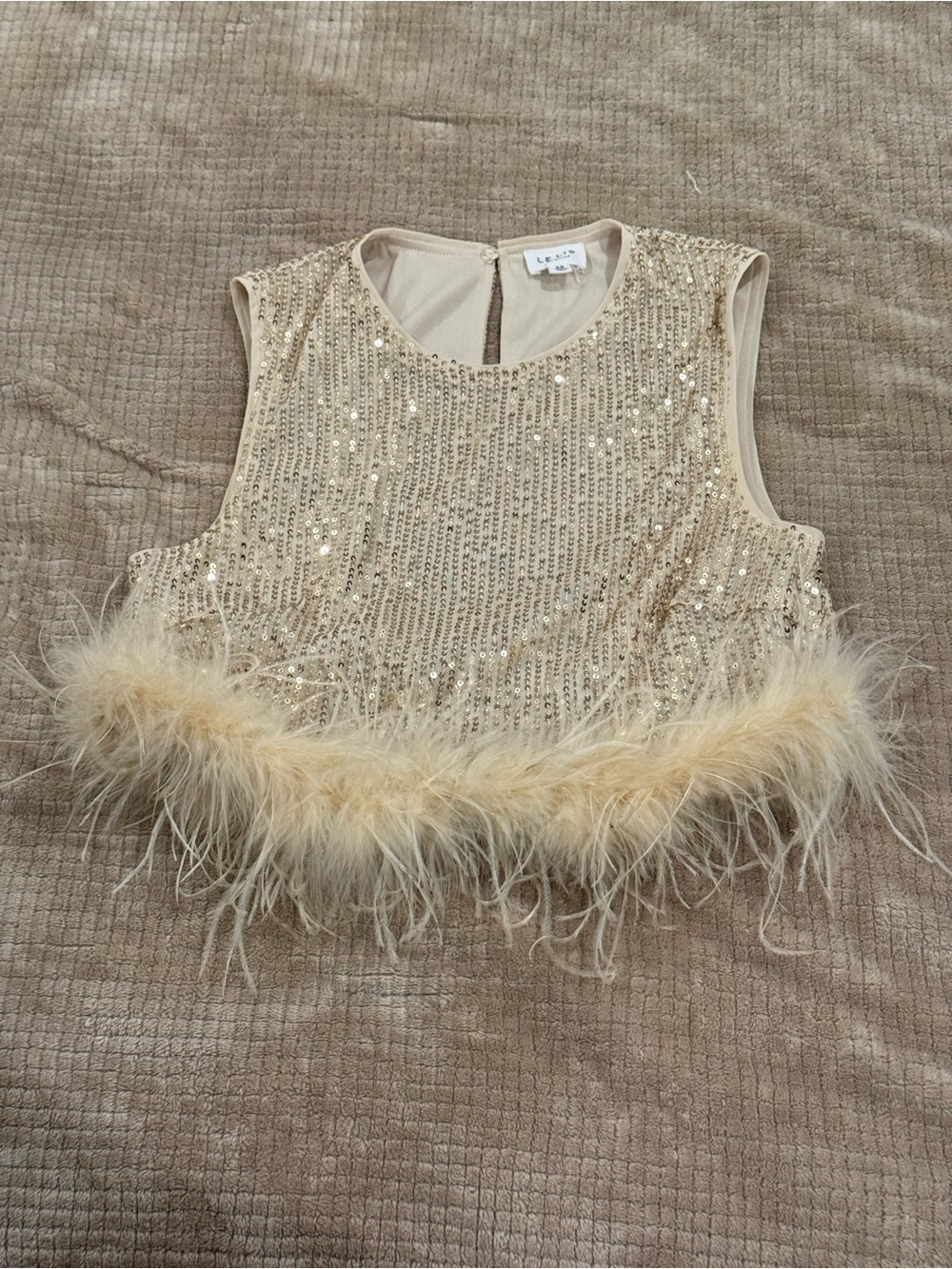 Lelis Sequin Feather Trim Crop Top in Champagne